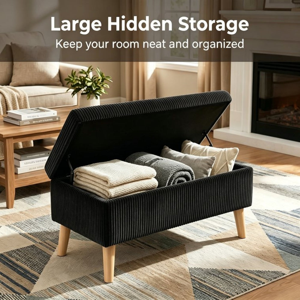 English Elm 32 Inch Ribbed Corduroy Flip Top Storage Ottoman Bench with Natural Wood Legs Black W2082P504448