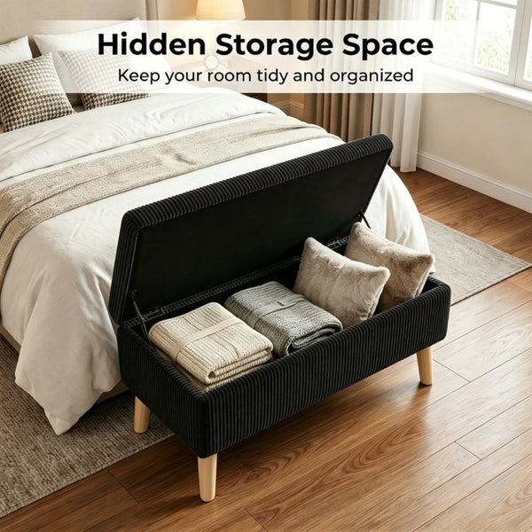 English Elm 32 Inch Ribbed Corduroy Flip Top Storage Ottoman Bench with Natural Wood Legs Black W2082P504448