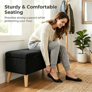 English Elm 32 Inch Ribbed Corduroy Flip Top Storage Ottoman Bench with Natural Wood Legs Black W2082P504448