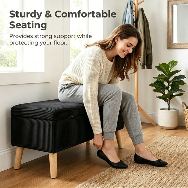 English Elm 32 Inch Ribbed Corduroy Flip Top Storage Ottoman Bench with Natural Wood Legs Black W2082P504448