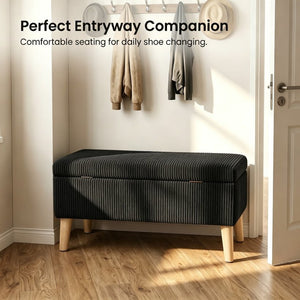 English Elm 32 Inch Ribbed Corduroy Flip Top Storage Ottoman Bench with Natural Wood Legs Black W2082P504448
