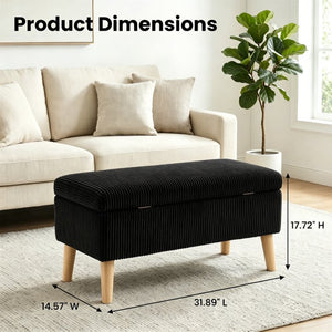 English Elm 32 Inch Ribbed Corduroy Flip Top Storage Ottoman Bench with Natural Wood Legs Black W2082P504448