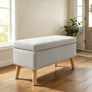 English Elm 32 Inch Ribbed Corduroy Flip Top Storage Ottoman Bench with Natural Wood Legs Beige W2082P504449