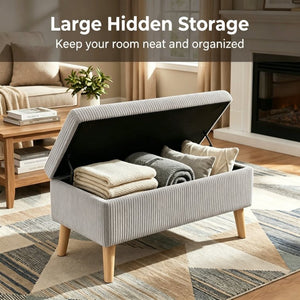 English Elm 32 Inch Ribbed Corduroy Flip Top Storage Ottoman Bench with Natural Wood Legs Beige W2082P504449