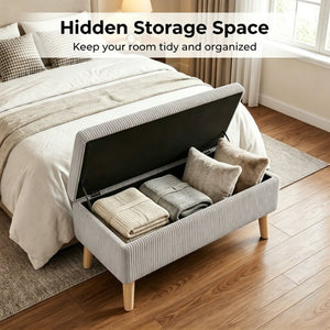 English Elm 32 Inch Ribbed Corduroy Flip Top Storage Ottoman Bench with Natural Wood Legs Beige W2082P504449