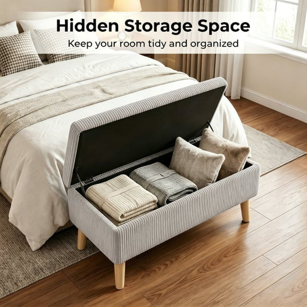 English Elm 32 Inch Ribbed Corduroy Flip Top Storage Ottoman Bench with Natural Wood Legs Beige W2082P504449