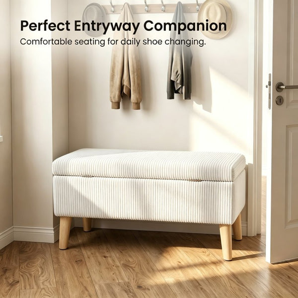 English Elm 32 Inch Ribbed Corduroy Flip Top Storage Ottoman Bench with Natural Wood Legs Beige W2082P504449