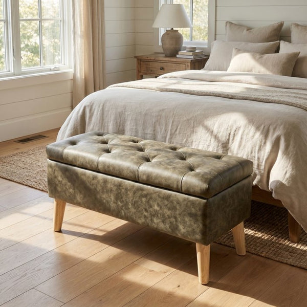 English Elm 32" Upholstered Storage Ottoman Bench with Removable Tray Lid for Bedroom or Living Room Green W2082P504454