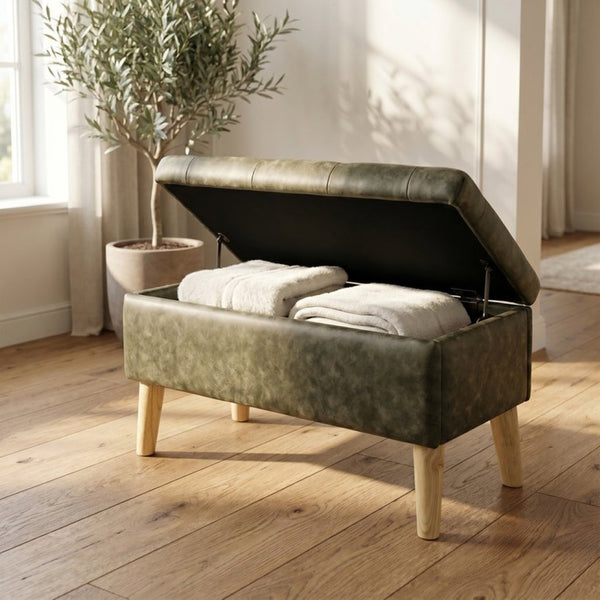 English Elm 32" Upholstered Storage Ottoman Bench with Removable Tray Lid for Bedroom or Living Room Green W2082P504454