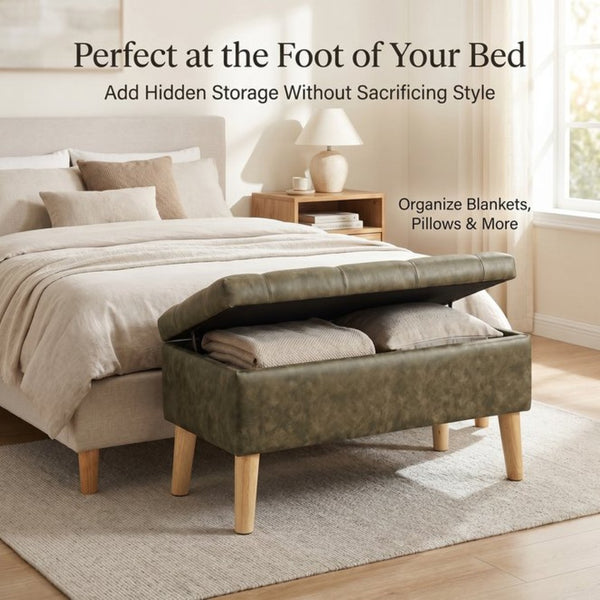 English Elm 32" Upholstered Storage Ottoman Bench with Removable Tray Lid for Bedroom or Living Room Green W2082P504454