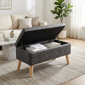 English Elm 32" Upholstered Storage Ottoman Bench with Removable Tray Lid for Bedroom or Living Room Black W2082P504467