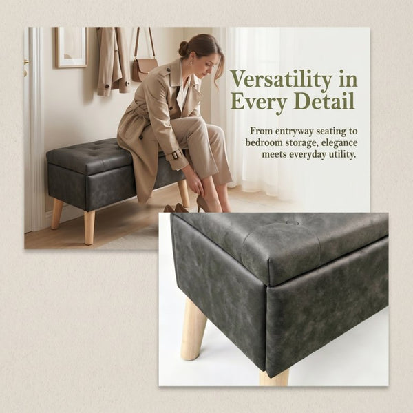 English Elm 32" Upholstered Storage Ottoman Bench with Removable Tray Lid for Bedroom or Living Room Black W2082P504467