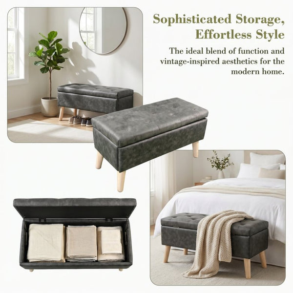 English Elm 32" Upholstered Storage Ottoman Bench with Removable Tray Lid for Bedroom or Living Room Black W2082P504467