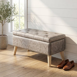 English Elm 32" Upholstered Storage Ottoman Bench with Removable Tray Lid for Bedroom or Living Room Grey W2082P504476