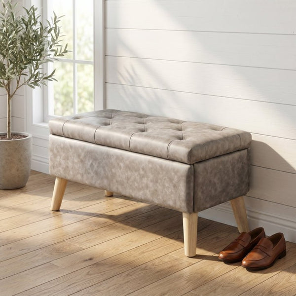 English Elm 32" Upholstered Storage Ottoman Bench with Removable Tray Lid for Bedroom or Living Room Grey W2082P504476