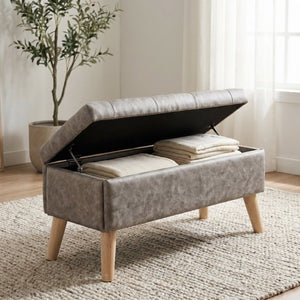 English Elm 32" Upholstered Storage Ottoman Bench with Removable Tray Lid for Bedroom or Living Room Grey W2082P504476