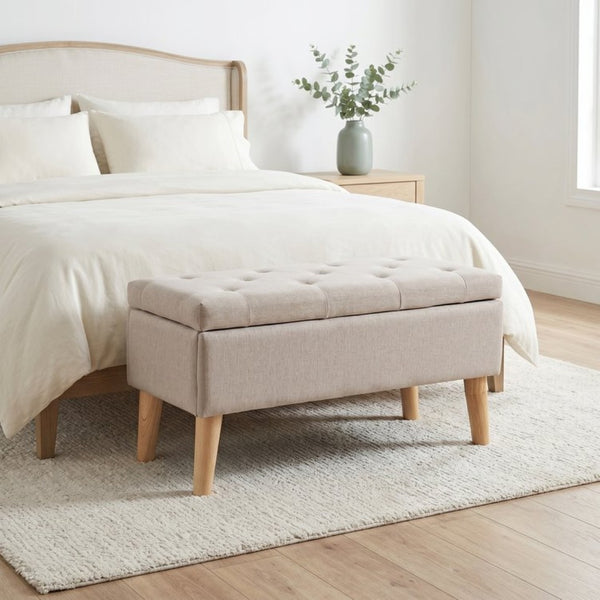 English Elm 32" Upholstered Storage Ottoman Bench with Tray Lid for Bedroom or Living Room Beige W2082P504477