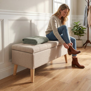 English Elm 32" Upholstered Storage Ottoman Bench with Tray Lid for Bedroom or Living Room Beige W2082P504477