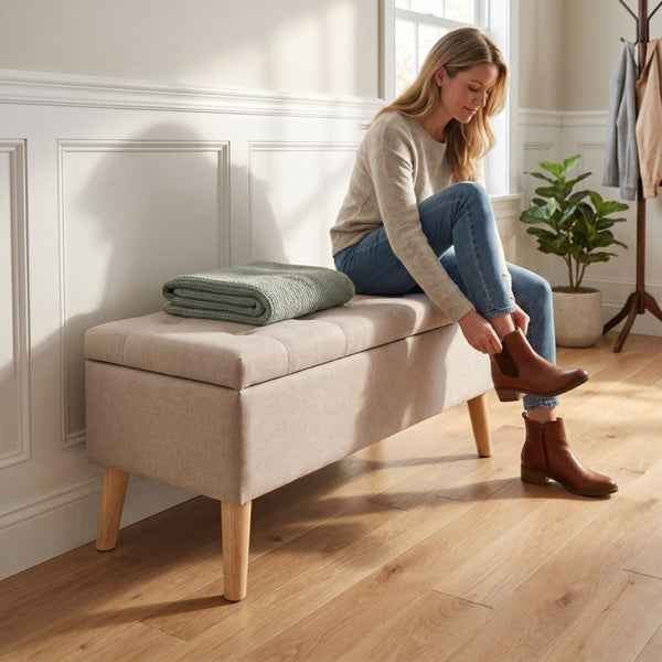 English Elm 32" Upholstered Storage Ottoman Bench with Tray Lid for Bedroom or Living Room Beige W2082P504477