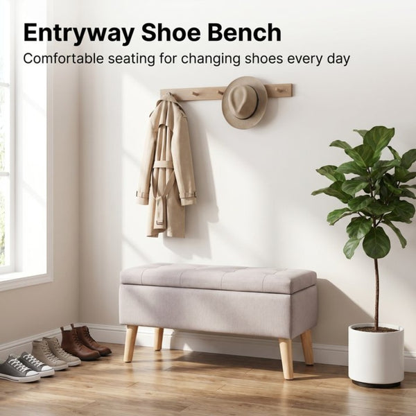 English Elm 32" Upholstered Storage Ottoman Bench with Tray Lid for Bedroom or Living Room Beige W2082P504477