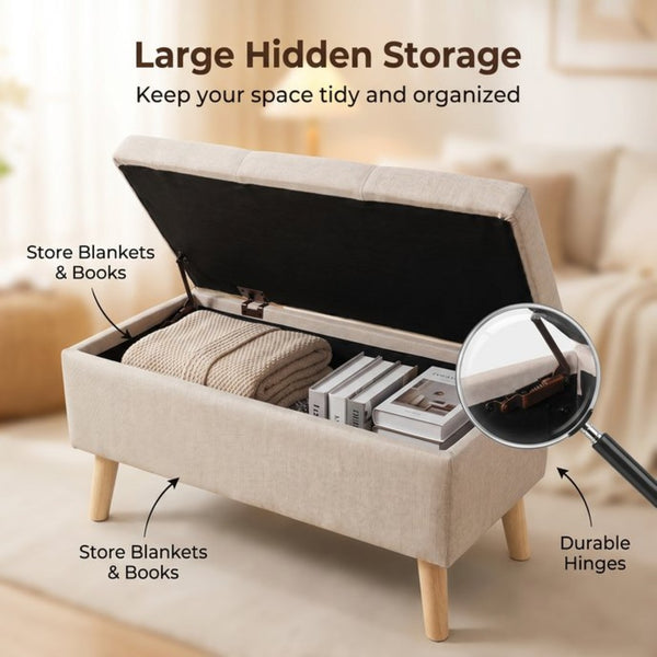 English Elm 32" Upholstered Storage Ottoman Bench with Tray Lid for Bedroom or Living Room Beige W2082P504477