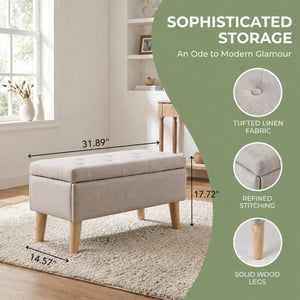 English Elm 32" Upholstered Storage Ottoman Bench with Tray Lid for Bedroom or Living Room Beige W2082P504477