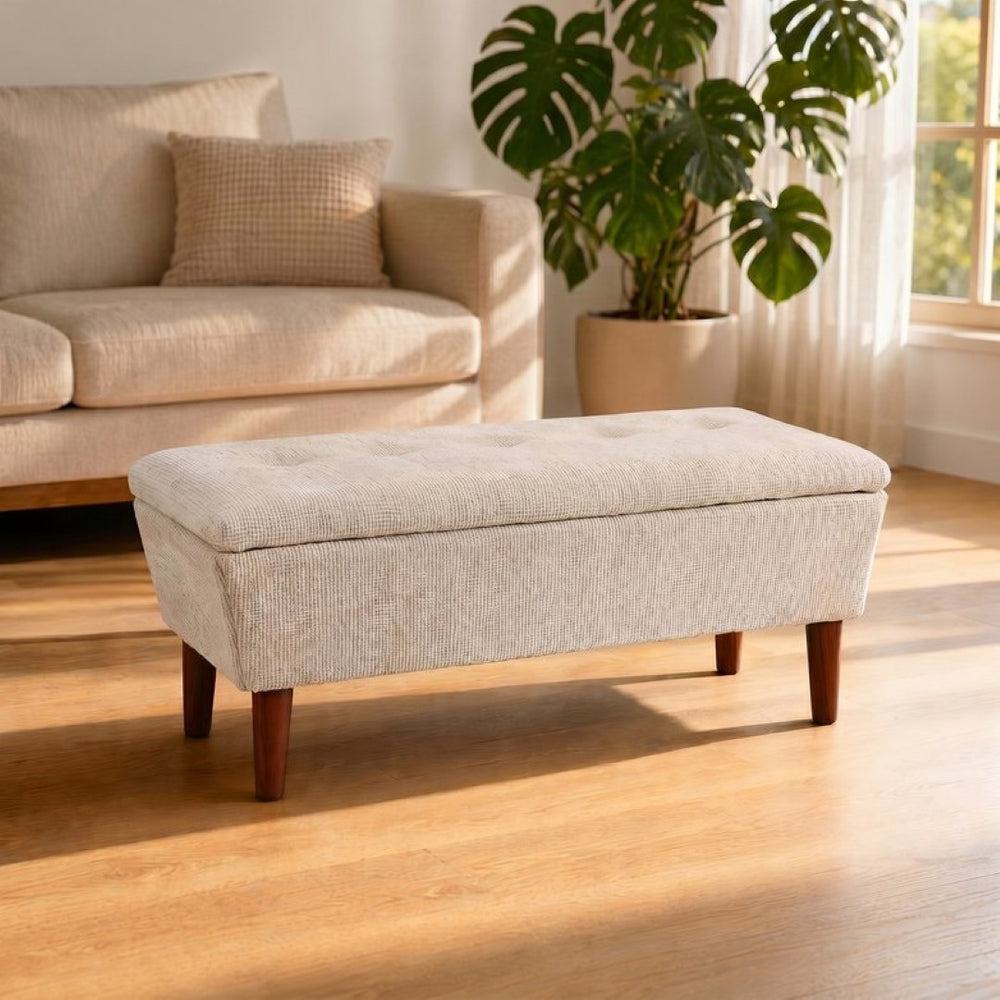 English Elm 42" Linen Upholstered Footrest Bench Tapered Wood Legs Japandi Style Bedroom Entryway W2082P504482