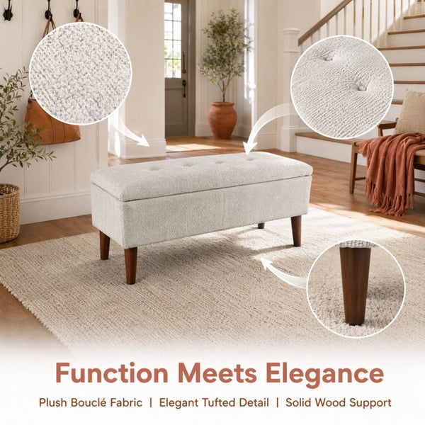 English Elm 42" Linen Upholstered Footrest Bench Tapered Wood Legs Japandi Style Bedroom Entryway W2082P504482