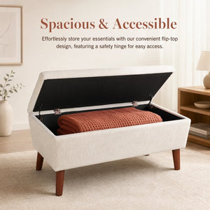 English Elm 42" Linen Upholstered Footrest Bench Tapered Wood Legs Japandi Style Bedroom Entryway W2082P504482
