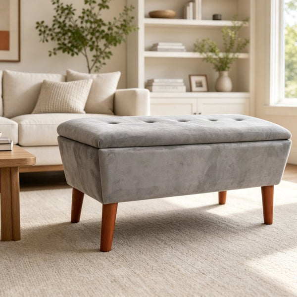 English Elm 42" Linen Upholstered Rectangular Bench Tapered Wood Legs Japandi Footrest Bedroom Entryway Grey W2082P504528
