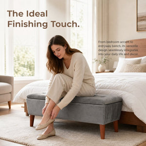 English Elm 42" Linen Upholstered Rectangular Bench Tapered Wood Legs Japandi Footrest Bedroom Entryway Grey W2082P504528