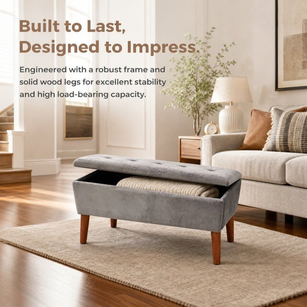 English Elm 42" Linen Upholstered Rectangular Bench Tapered Wood Legs Japandi Footrest Bedroom Entryway Grey W2082P504528