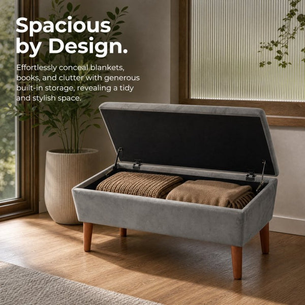 English Elm 42" Linen Upholstered Rectangular Bench Tapered Wood Legs Japandi Footrest Bedroom Entryway Grey W2082P504528