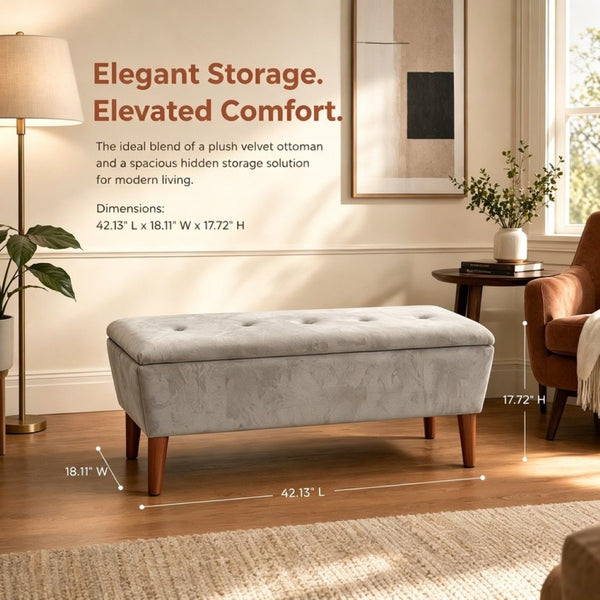 English Elm 42" Linen Upholstered Rectangular Bench Tapered Wood Legs Japandi Footrest Bedroom Entryway Grey W2082P504528