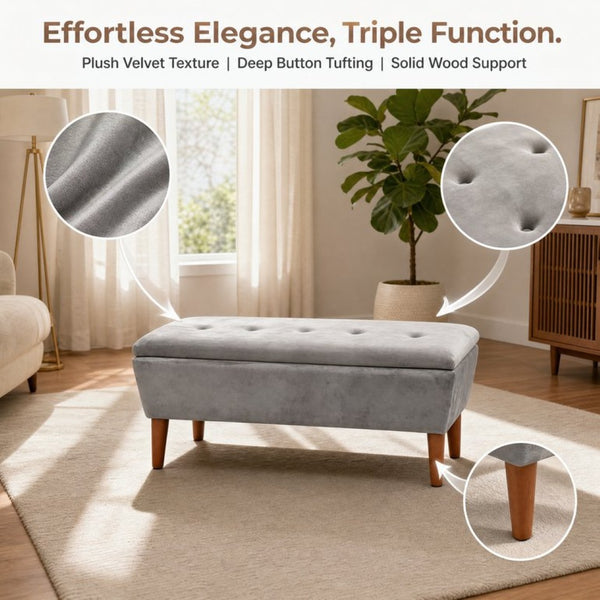 English Elm 42" Linen Upholstered Rectangular Bench Tapered Wood Legs Japandi Footrest Bedroom Entryway Grey W2082P504528