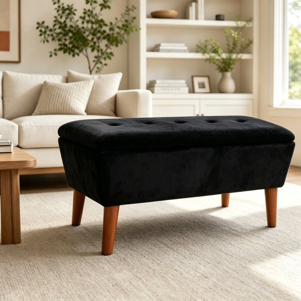 English Elm 42" Linen Upholstered Rectangular Bench Tapered Wood Legs Japandi Footrest Bedroom Entryway Black W2082P504529