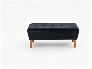 English Elm 42" Linen Upholstered Rectangular Bench Tapered Wood Legs Japandi Footrest Bedroom Entryway Black W2082P504529