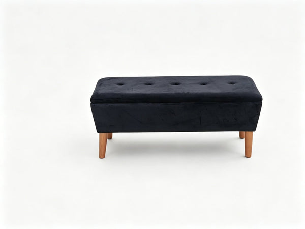 English Elm 42" Linen Upholstered Rectangular Bench Tapered Wood Legs Japandi Footrest Bedroom Entryway Black W2082P504529