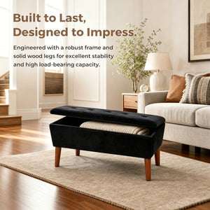 English Elm 42" Linen Upholstered Rectangular Bench Tapered Wood Legs Japandi Footrest Bedroom Entryway Black W2082P504529