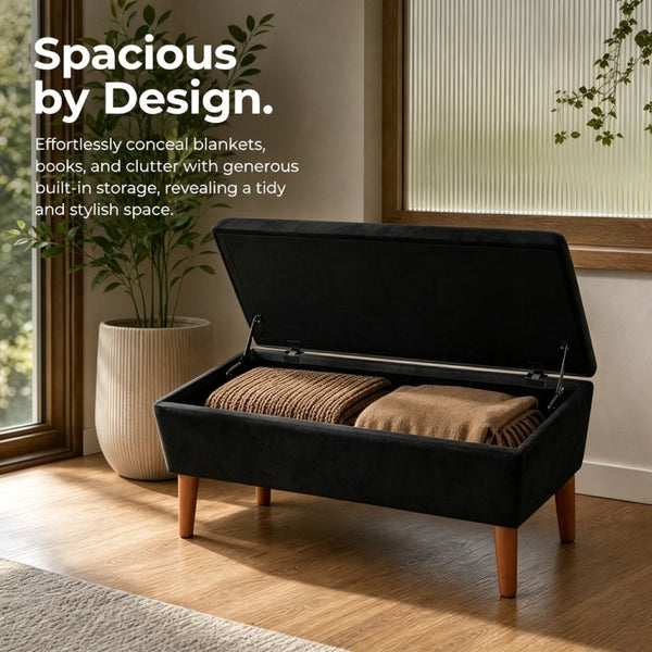 English Elm 42" Linen Upholstered Rectangular Bench Tapered Wood Legs Japandi Footrest Bedroom Entryway Black W2082P504529