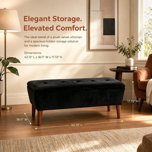 English Elm 42" Linen Upholstered Rectangular Bench Tapered Wood Legs Japandi Footrest Bedroom Entryway Black W2082P504529