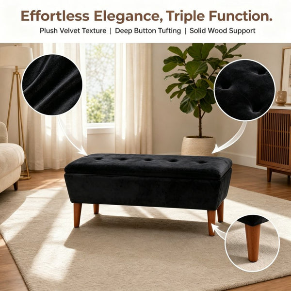 English Elm 42" Linen Upholstered Rectangular Bench Tapered Wood Legs Japandi Footrest Bedroom Entryway Black W2082P504529