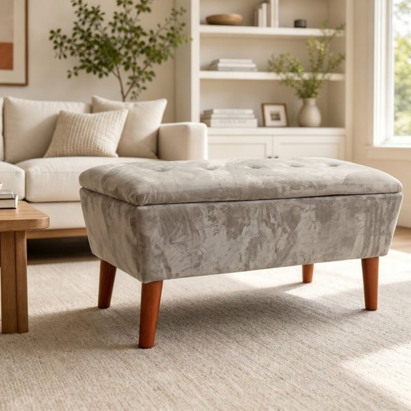 English Elm 42" Linen Upholstered Rectangular Bench Tapered Wood Legs Japandi Footrest Bedroom Entryway Light Coffee W2082P504530