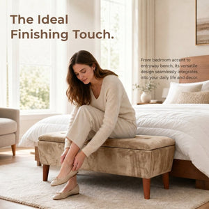 English Elm 42" Linen Upholstered Rectangular Bench Tapered Wood Legs Japandi Footrest Bedroom Entryway Light Coffee W2082P504530