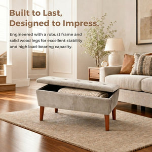 English Elm 42" Linen Upholstered Rectangular Bench Tapered Wood Legs Japandi Footrest Bedroom Entryway Light Coffee W2082P504530