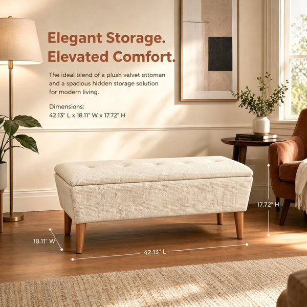 English Elm 42" Linen Upholstered Rectangular Bench Tapered Wood Legs Japandi Footrest Bedroom Entryway Light Coffee W2082P504530