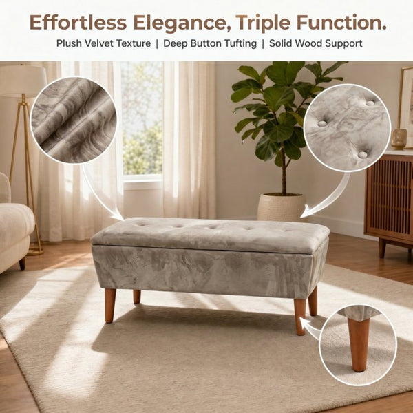 English Elm 42" Linen Upholstered Rectangular Bench Tapered Wood Legs Japandi Footrest Bedroom Entryway Light Coffee W2082P504530