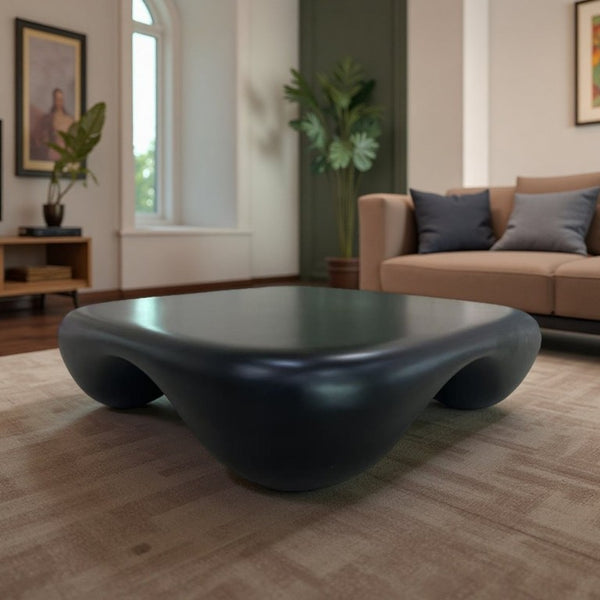 English Elm Modern Sculptural Arc Coffee Table Faux Travertine Matte Finish for Living Room Black W2085P444589