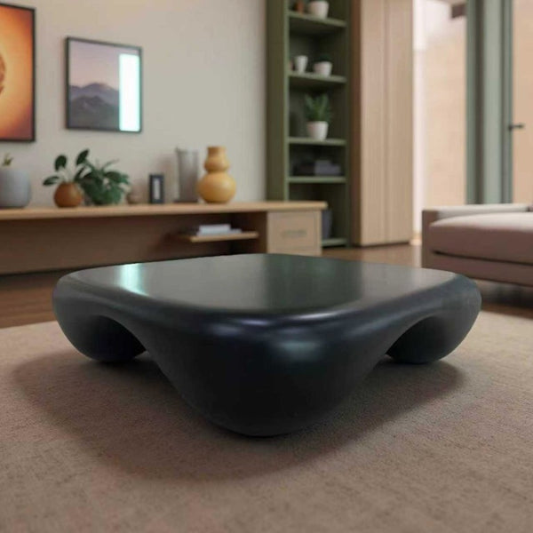 English Elm Modern Sculptural Arc Coffee Table Faux Travertine Matte Finish for Living Room Black W2085P444589