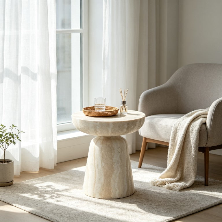 English Elm 21.65''×21.65''×13.78 21.65X21.65x13.78 Round Fiberglass Stone-Print Coffee Table Sculptural Cylinder Base Beige 15.75"×15.75"×17.72" W2085P518020